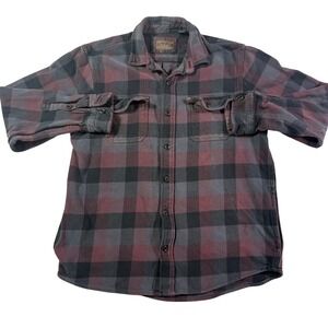Orvis Mens Flannel Shirt Medium Burgundy Grey Plaid Long Sleeve Cotton Button Up